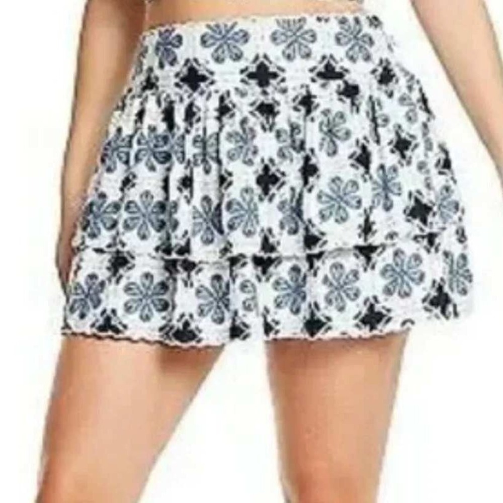 Agua Bendita Target Linen Blend Tiered Mini Skirt Sz M Blue White Eyelet Ruffle